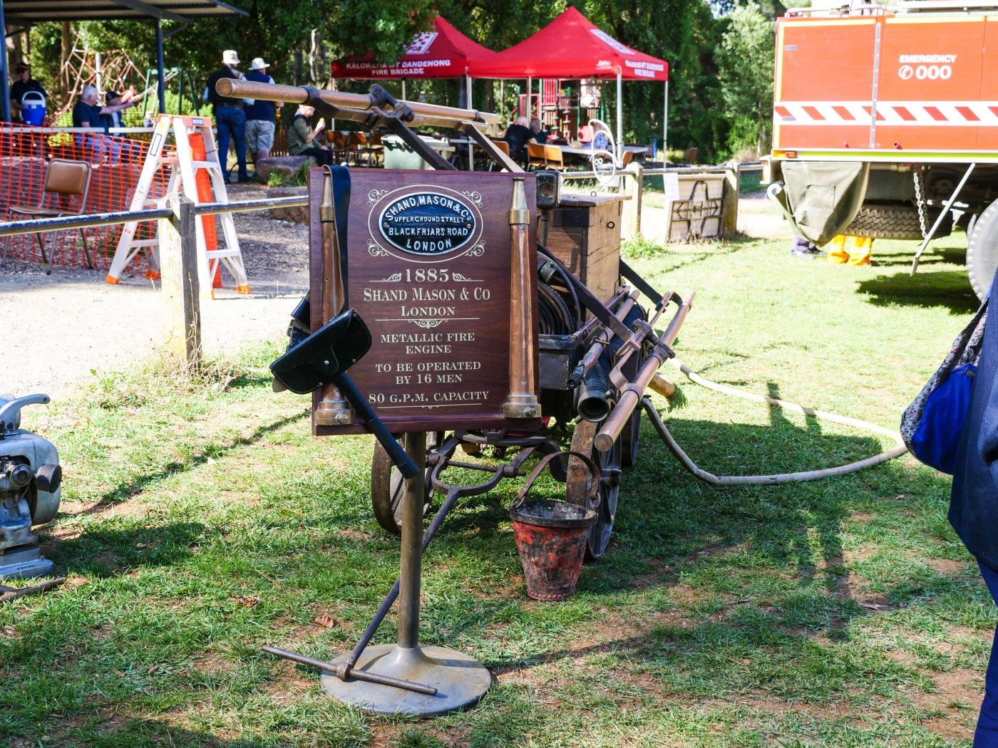 1885 Fire engine, to be operated by 16 men. Capable of pumping water 80 gallons per minute.